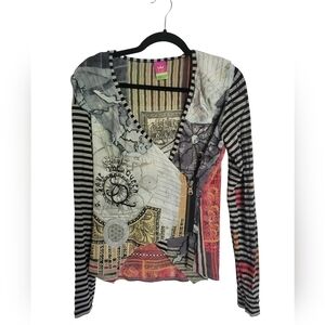 SAVE THE QUEEN Vintage 90s y2k Mesh Sheer Asymmetrical Graphic Print Shirt